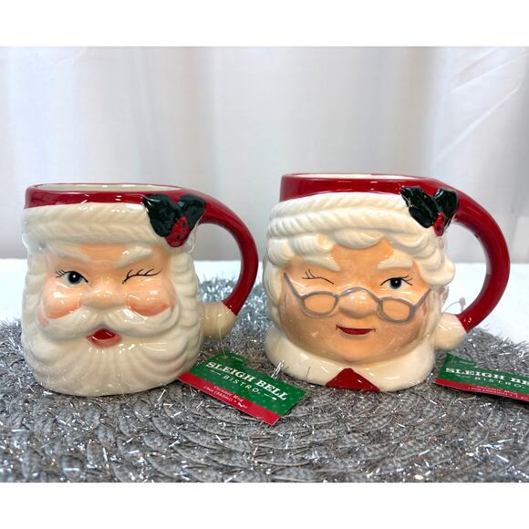 Sleigh Bell Bistro Winking Santa and Mrs Clause Retro Style Winking Santa Mugs - Picture 1 of 10